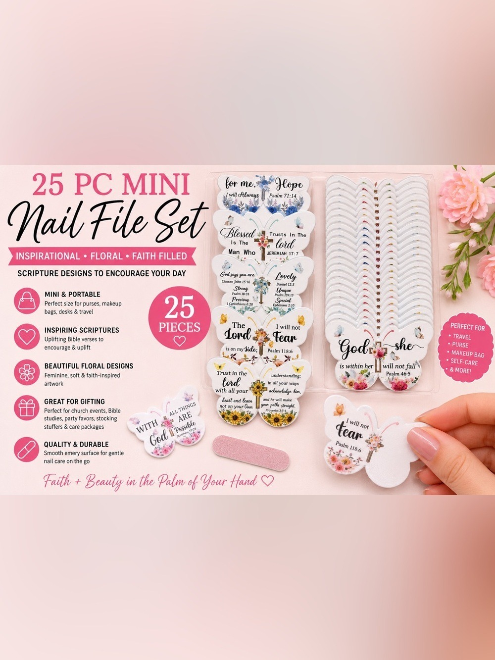 25 Pc Inspirational Scripture Mini Nail File Set Floral Christian Travel Files